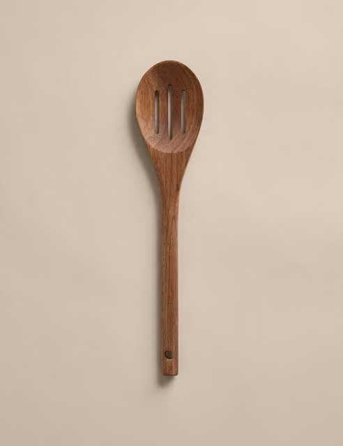 M&S Wooden Oval Slotted Spoon Skimmer in Natural Brown and Beige