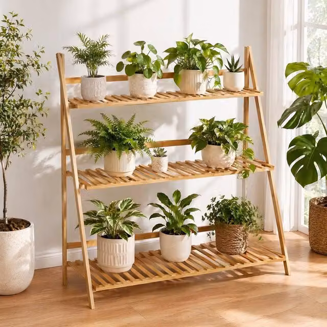 STILVORA 3-Tier Folding Bamboo Plant Stand in Brown and Sand