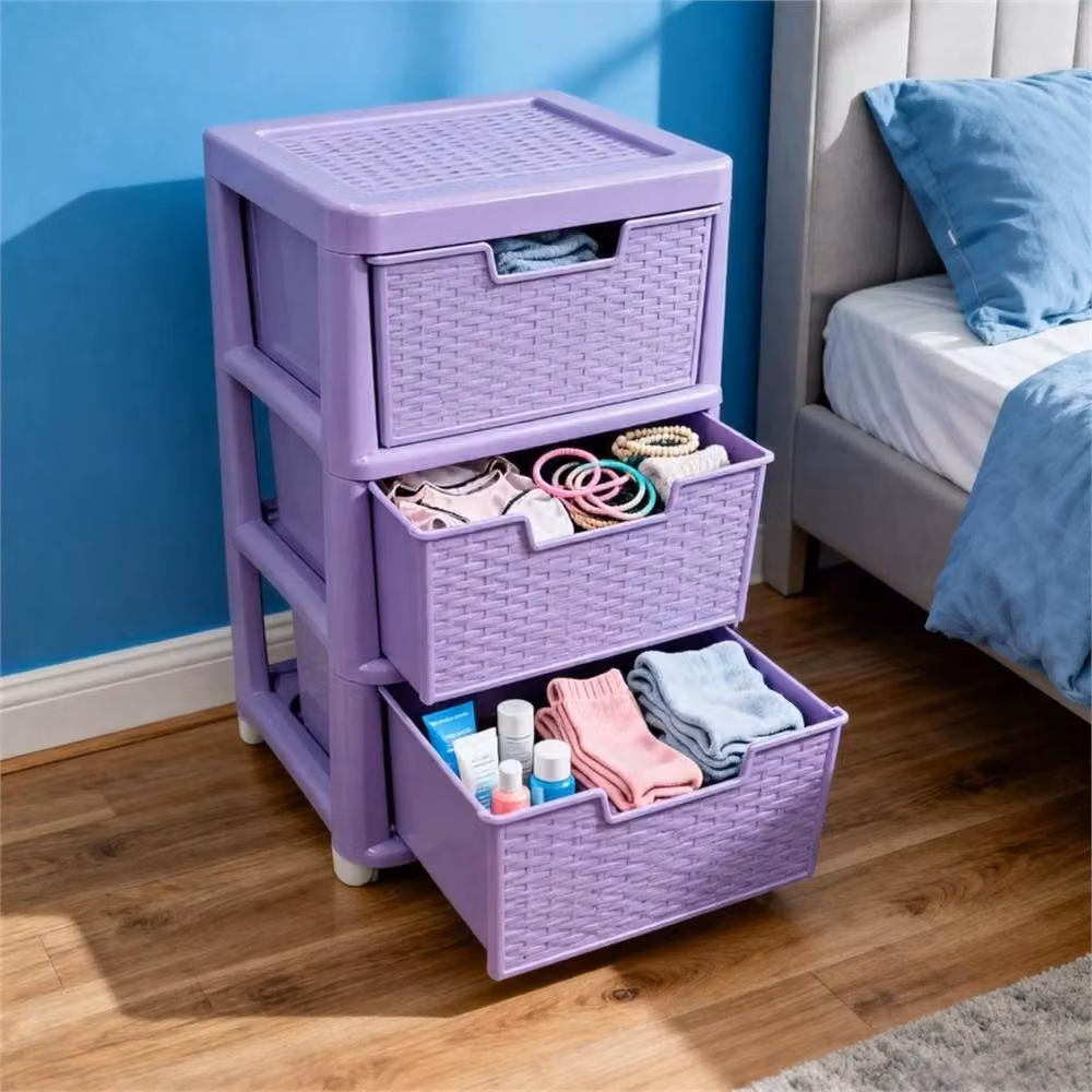 VOGREX 3 Tier Plastic Organizer Cabinet in Purple Lilac Rattan Style – 3