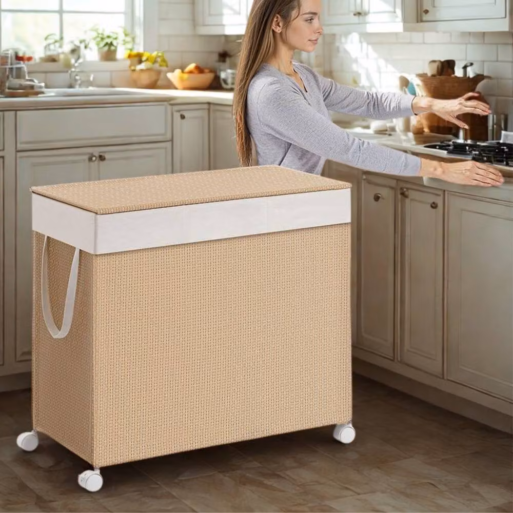 Pirlo Plush 140L Triple Laundry Basket with Lid and Removable Lining in Beige – 2