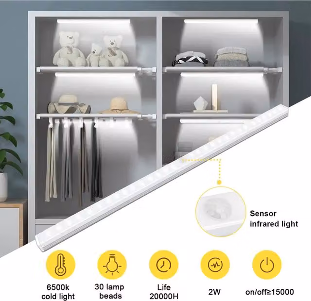 Livingandhome USB Rechargeable Smart Sensor LED Wardrobe Light, White, 42 cm