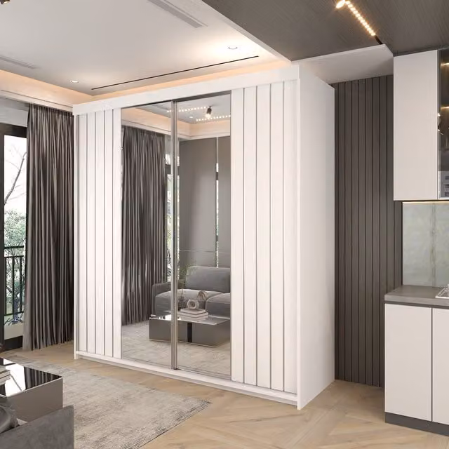 Sliding Wardrobes 4U Monali Sliding Door Wardrobe in White with Mirror, W: 200 cm, H: 217 cm – 1