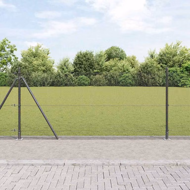 Berkfield Home Grey Powder-Coated Galvanised Steel Welded Wire Fence with 13 Round In-Ground Flanged Posts, W: 100 m, H: 0.8 m