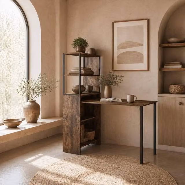 Wyld Haus Serana Folding Writing Desk in Brown and Black with Integrated Shelving, W: 105 cm
