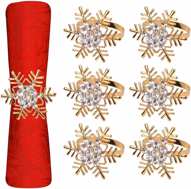 Neel Blue Gold Snowflakes Napkin Rings with Diamante Rhinestones, 6-Piece Set