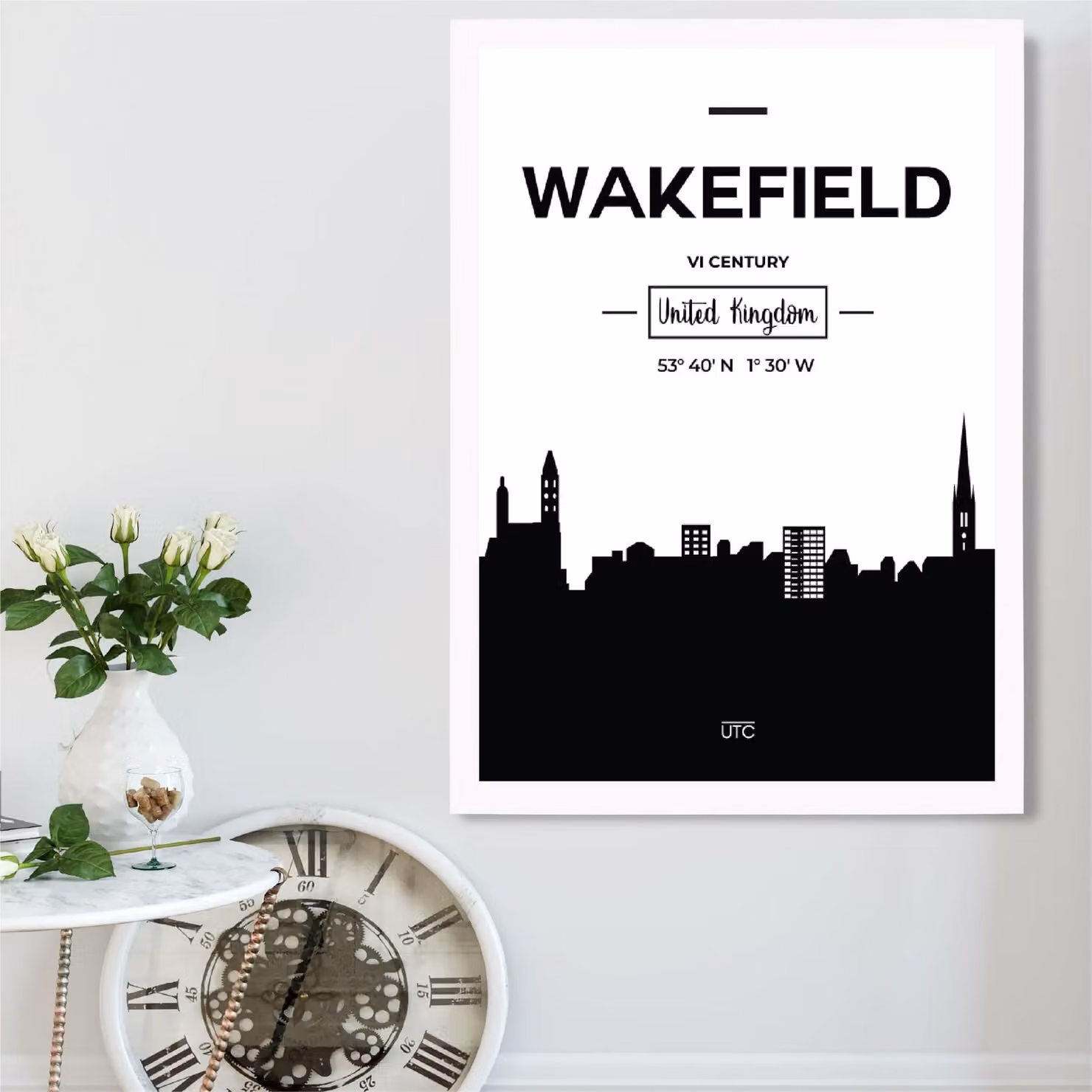 ARTZE Wakefield Black and White City Skyline Framed Print in White Frame, A3 – 2