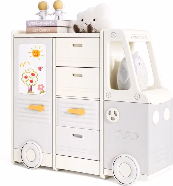 Costway Bus-shaped Toy Storage Organizer Cabinet with Drawers for Children in Beige