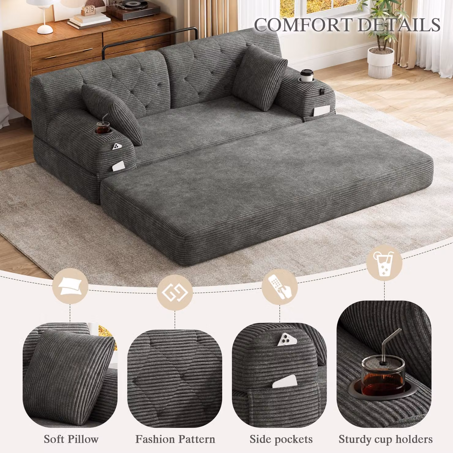 Aosom UK 2-Seater Convertible Sofa Bed with Metal Frame and High-Density Foam in Dark Gray, W: 80 cm, D: 168 cm, H: 81 cm – 5