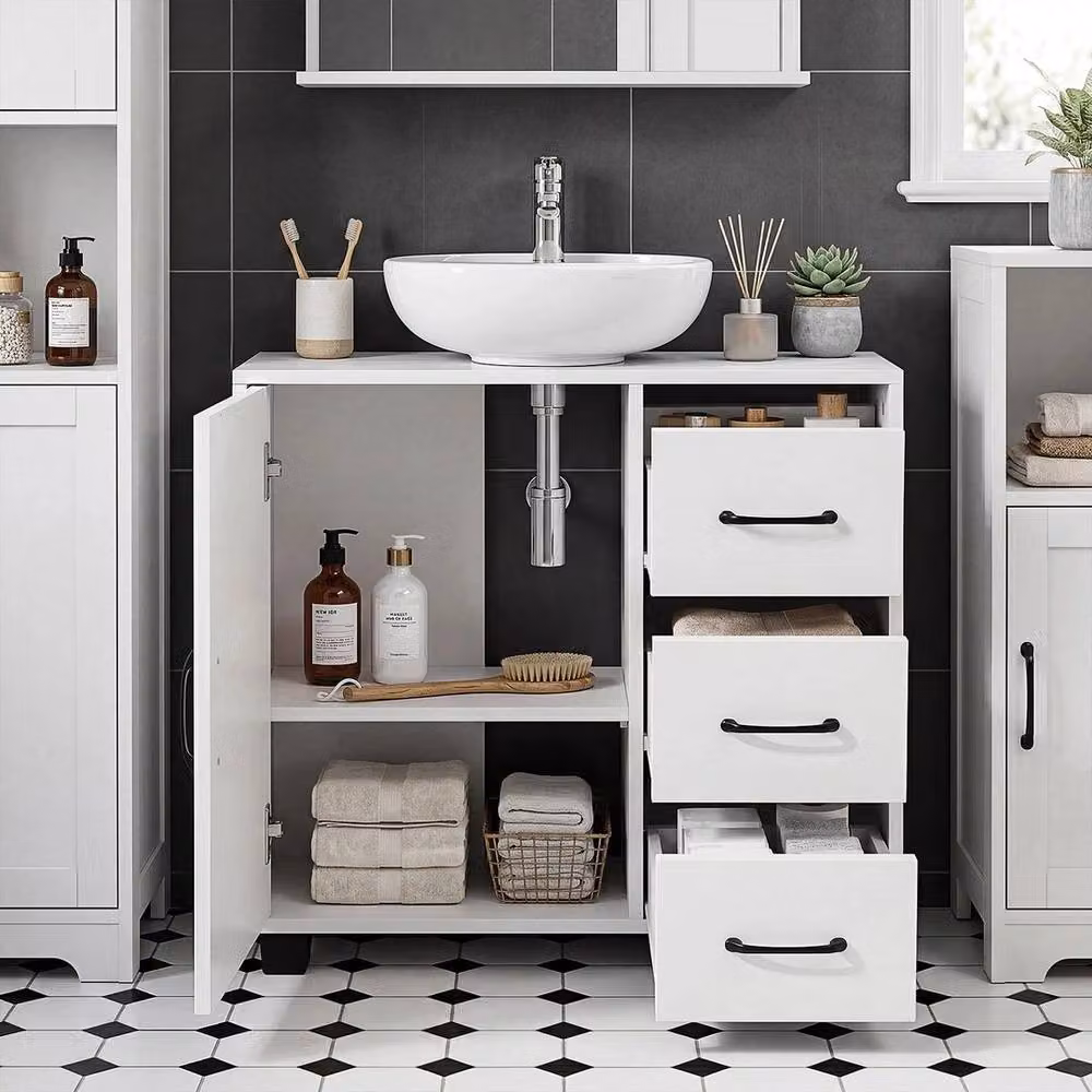 NESTLUNE White Under Sink Bathroom Basin Unit with Hinged Doors and Drawers, W/D/H: 70.0 x 30.0 x 64.0 cm – 3