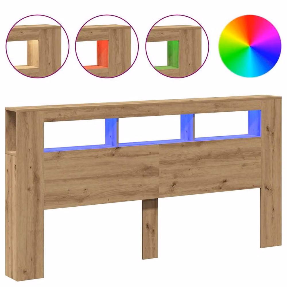 Berkfield Home Artisan Oak LED Headboard with Integrated Shelf in Brown, W/D/H: 200 x 18.5 x 103.5 cm – 3
