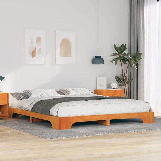Berkfield Home Floor Bed Frame with Storage in Brown, Solid Pine Wood, W/D/H: 200 x 220 cm