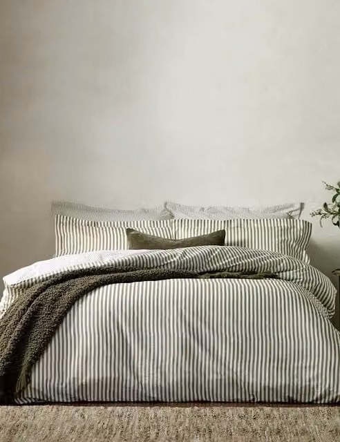 YARD Hebden Striped Reversible Cotton Duvet Cover Set, Green Mix, W/H: 180 x 200 cm