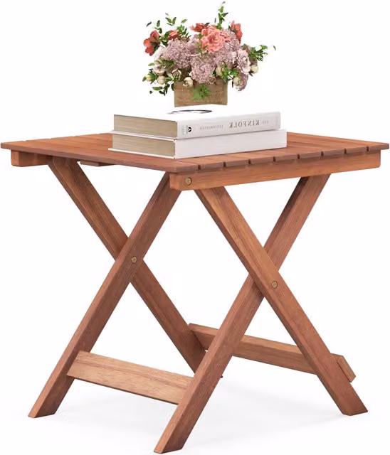 Costway Square Folding Side Table in Natural Acacia Wood, Brown