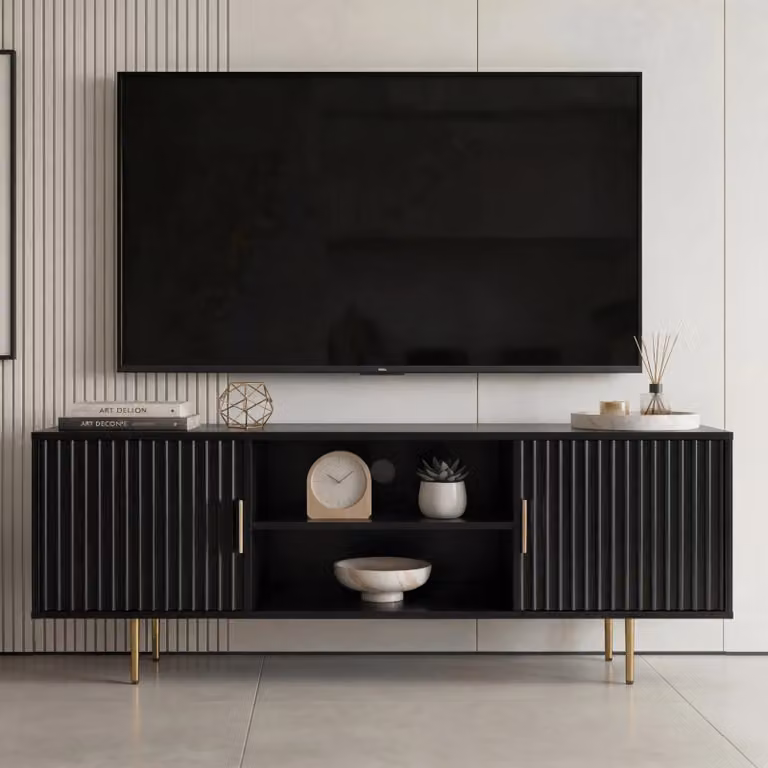 DHS Fluted Modern Black Wood TV Unit with Soft Close Drawers and Media Compartments, W: 140 cm, D: 40 cm