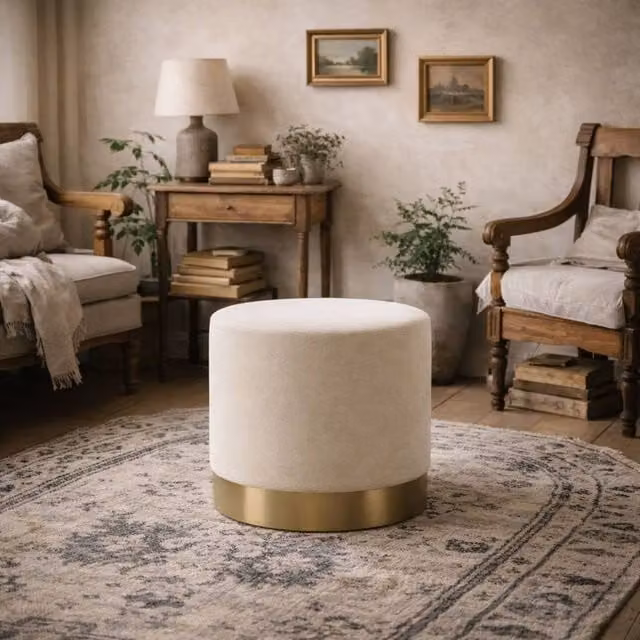 Wyld Haus Kalua Small Cream Velvet Stool with Brushed Gold Metal Base – 1