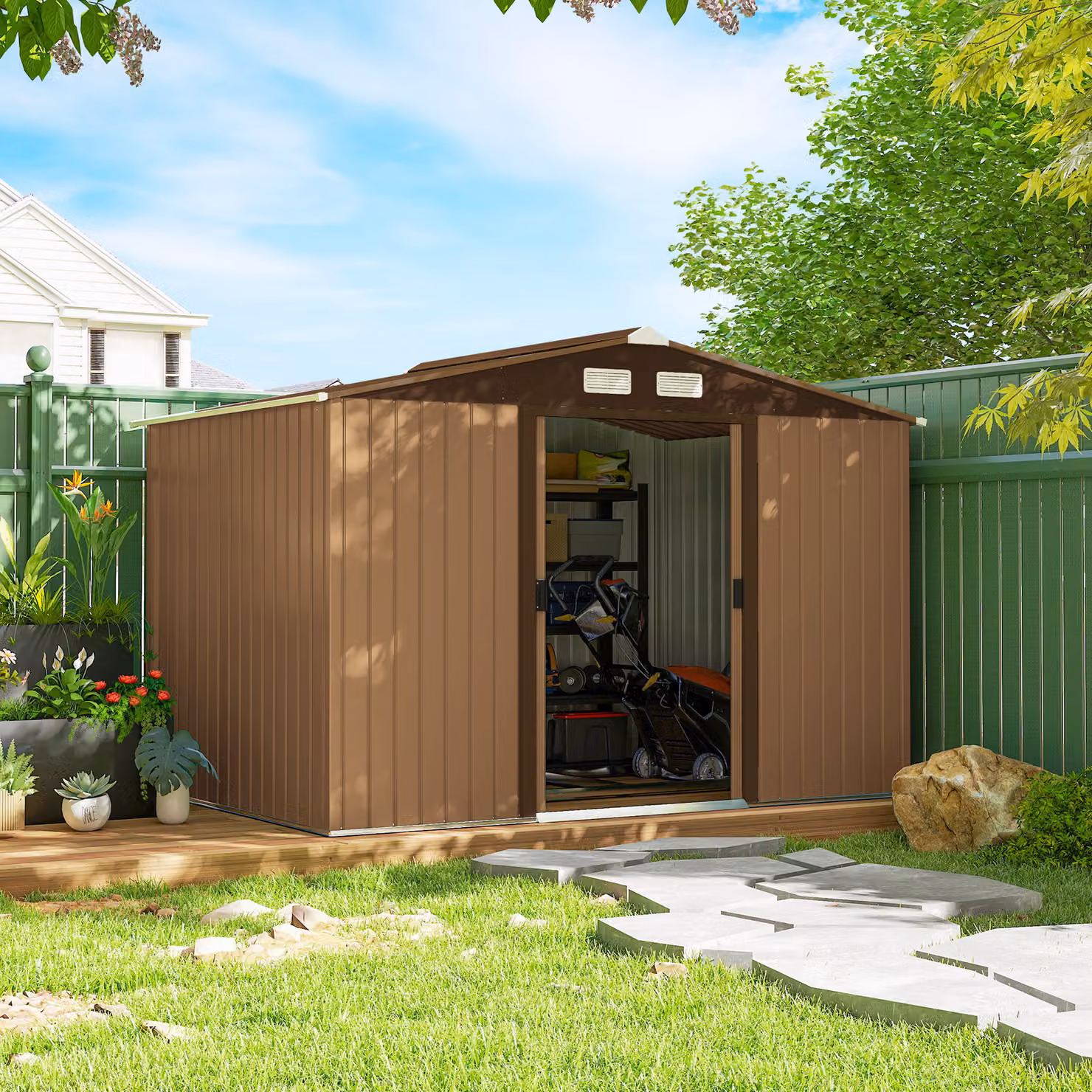 Outsunny Metal Garden Shed with Lockable Doors, Ventilation Slots and Foundation Kit, Yellow – 2