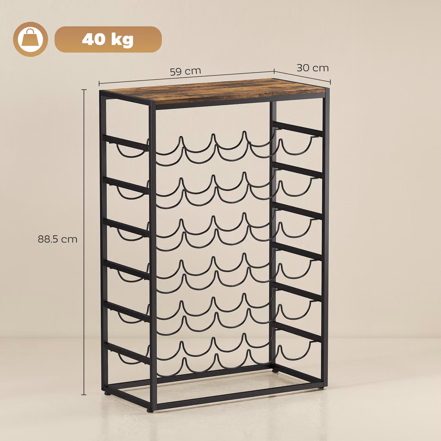 HOMCOM 6 Tier Freestanding Wine Rack for 30 Bottles with Wood Effect Tabletop in Rustic Brown and Black – 3