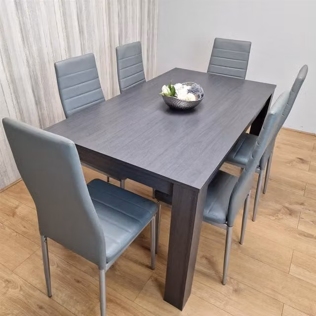 KOSY KOALA Modern Dining Set with Rectangular Brown Table and 6 Grey Faux Leather Chairs