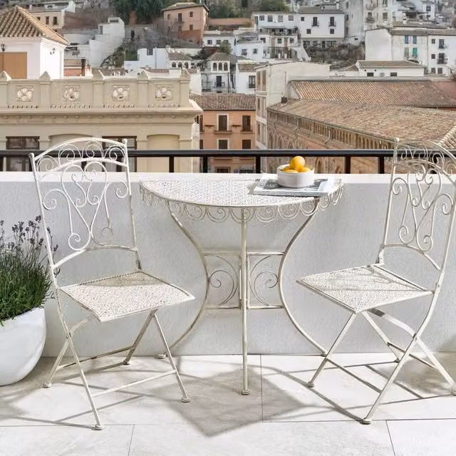 Wyld Haus Vintage Bistro Set with Round Ceramic Table and 2 Folding Chairs in Beige Powder Coated Steel
