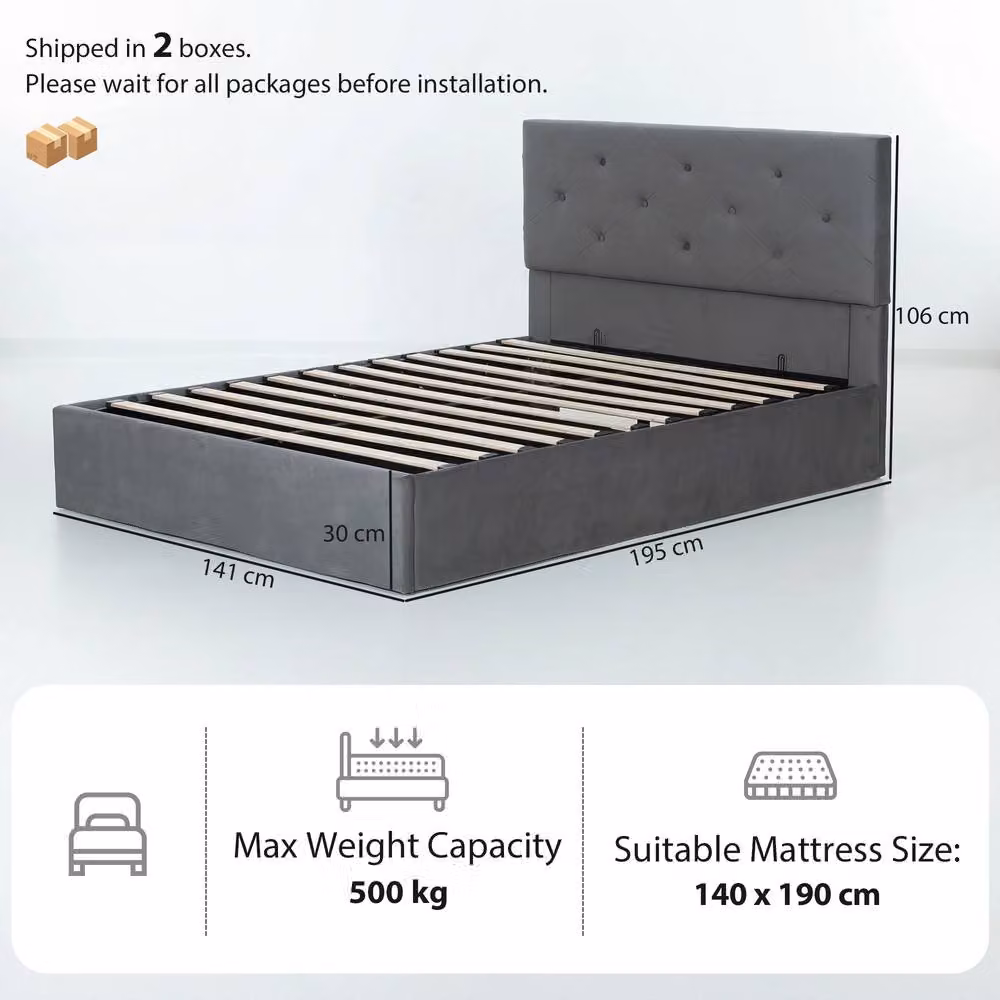 STILVORA Grey Velvet Upholstered Double Bed Frame with Gas Lift Storage, W/D/H: 140 x 190 cm – 3