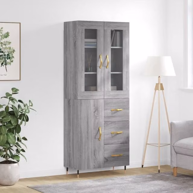 Berkfield Home Modern Grey Highboard with Glass Doors and Internal Shelves, W/D/H: 69.5 x 34 x 180 cm