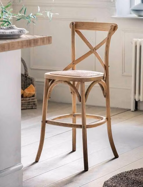 Gallery Direct Set of 2 Rustic Rattan and Oak Bar Stools in Beige and Brown Multicolour