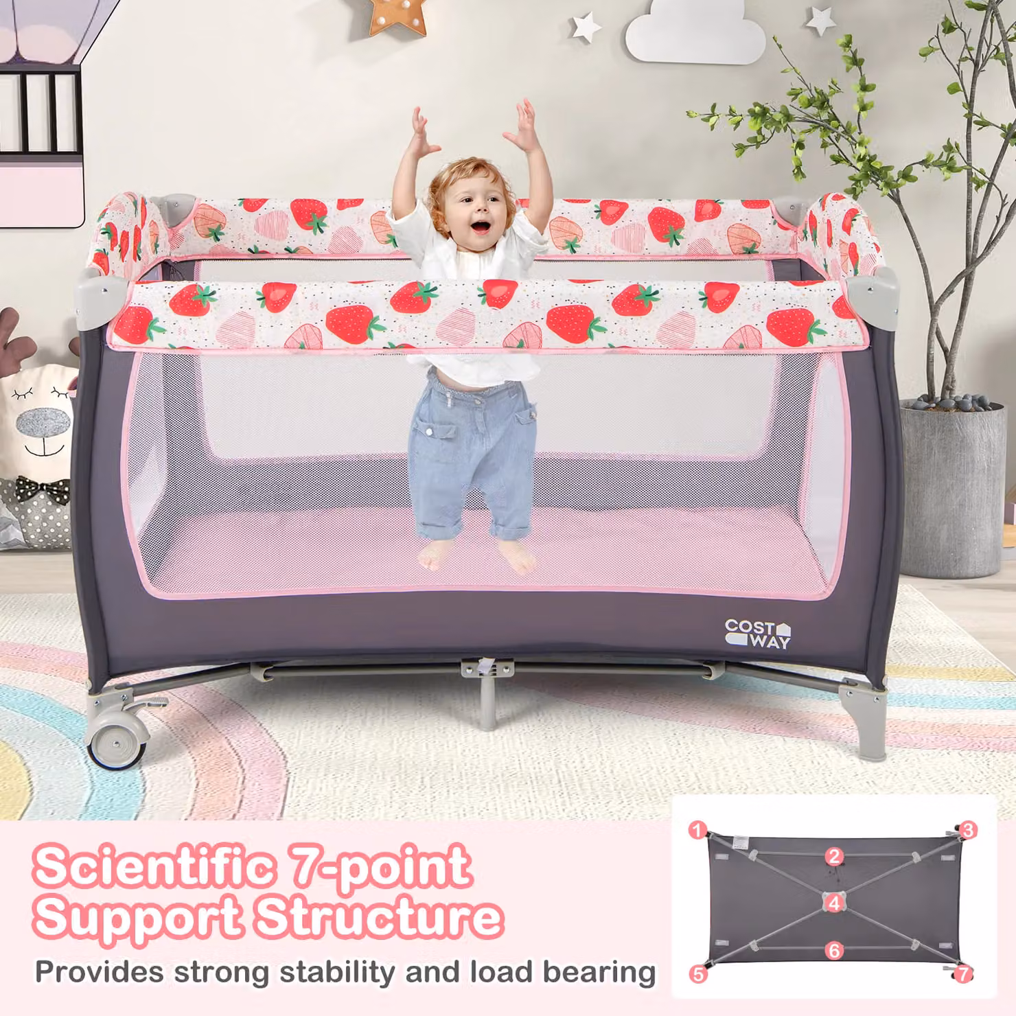 Gymax 4 in 1 Folding Infant Nursery Center Playard with Toy Bar in Pink – 4