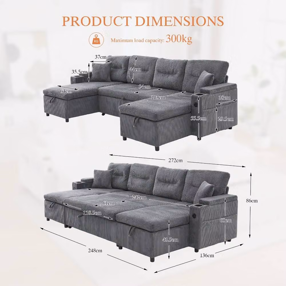 Rolipo Grey 4-Seater Fabric U-Shape Sofa Bed with Dual Chaise, Storage and USB Charging – 2