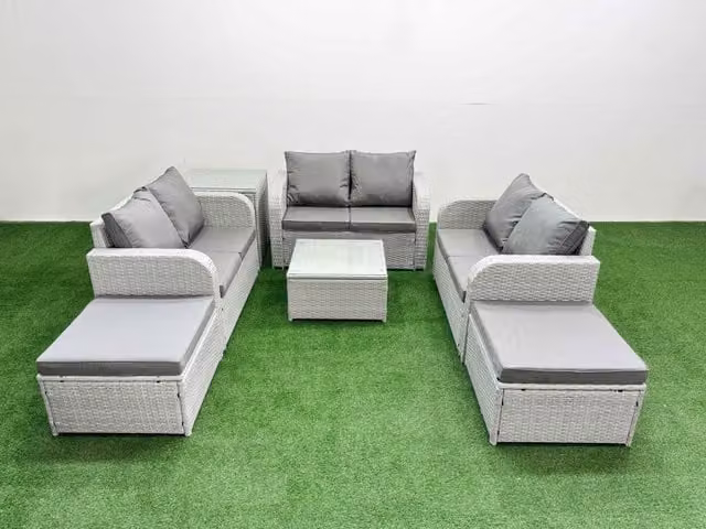 Fimous 8 Seater PE Wicker Rattan Garden Furniture Set in Light Grey with U-Shape Sofa, 2 Seater Love Sofa, 2 Ottomans, Coffee Table and Side Table