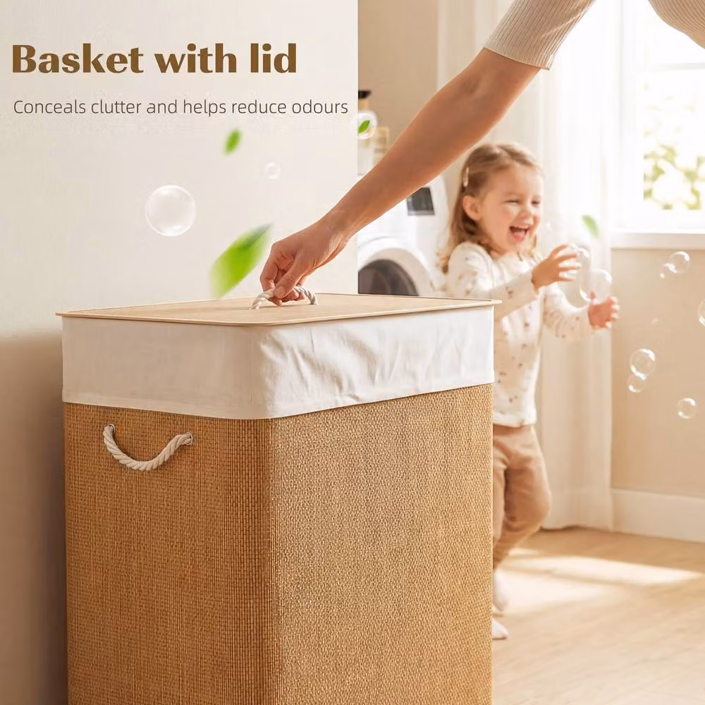 STILVORA Brown Laundry Basket with 2 Compartments, Lid, Handles and Removable Bag – 4
