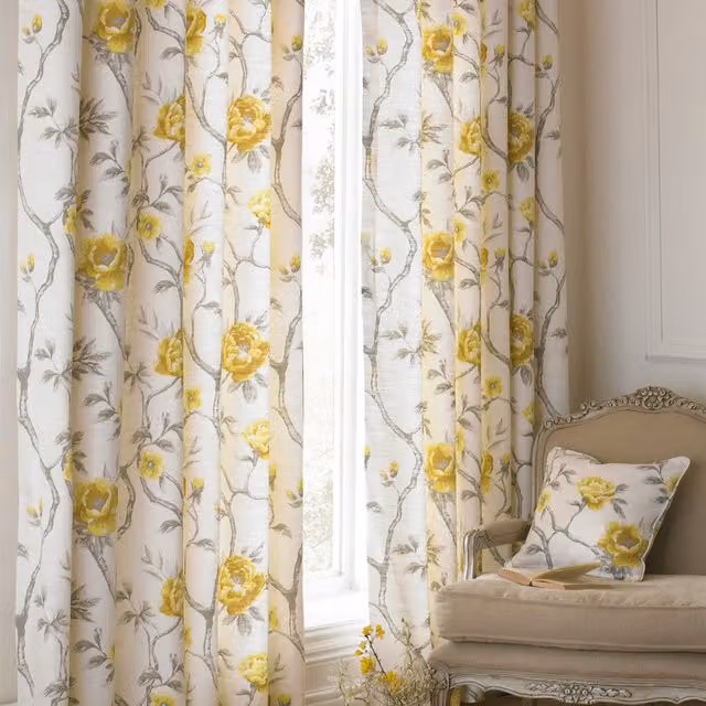 Rosemoor Floral Eyelet Curtain Pair in Yellow