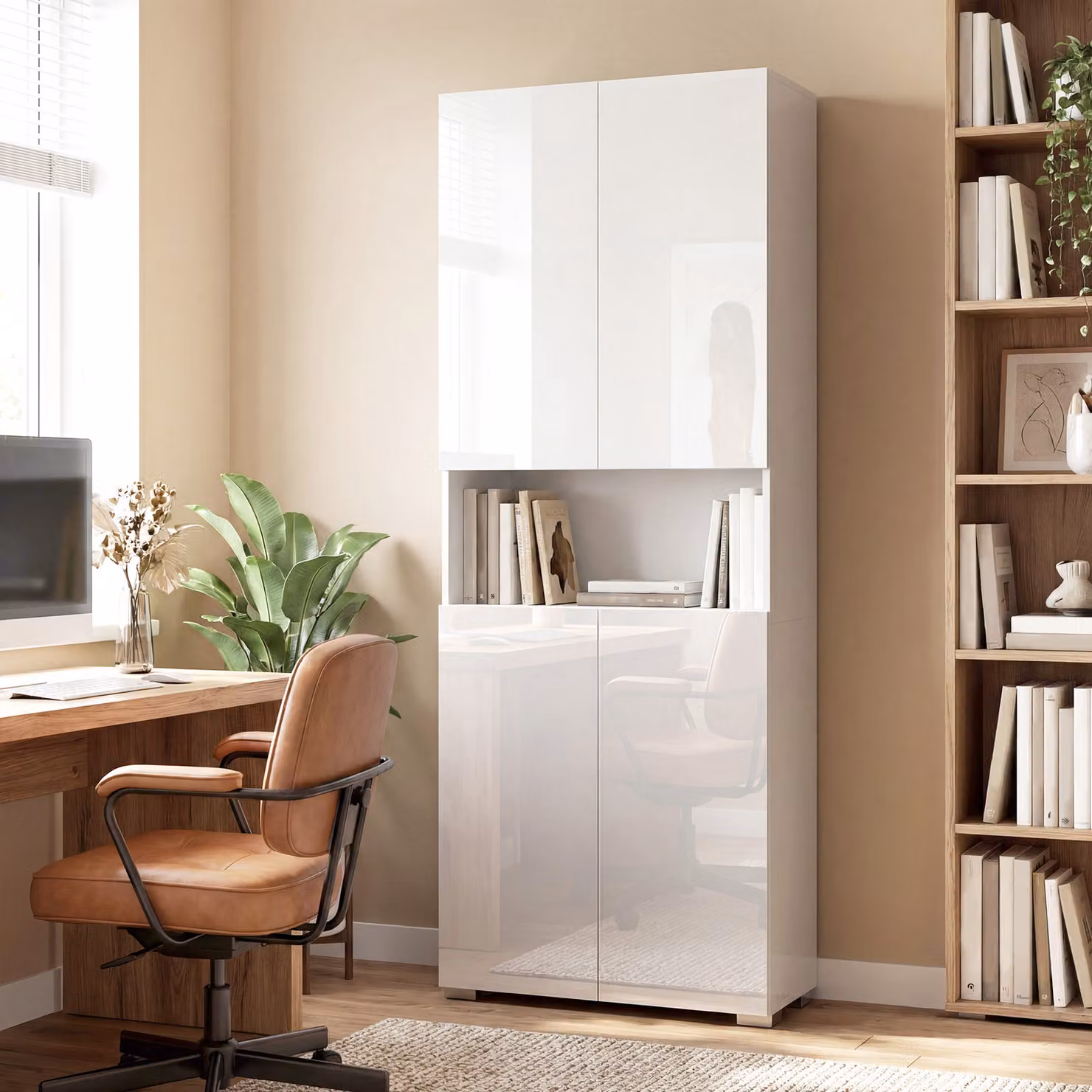 HOMCOM Tall Kitchen Cupboard and Pantry Storage Cabinet in High Gloss White, Height: 180 cm – 2