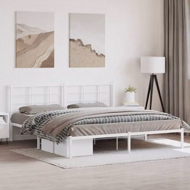 Berkfield Home Metal Bed Frame with Headboard in White, 200 x 200 cm