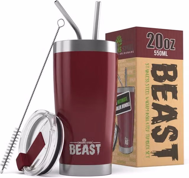 Green Steel Double Walled Stainless Steel Coffee Tumbler with Lid in Red