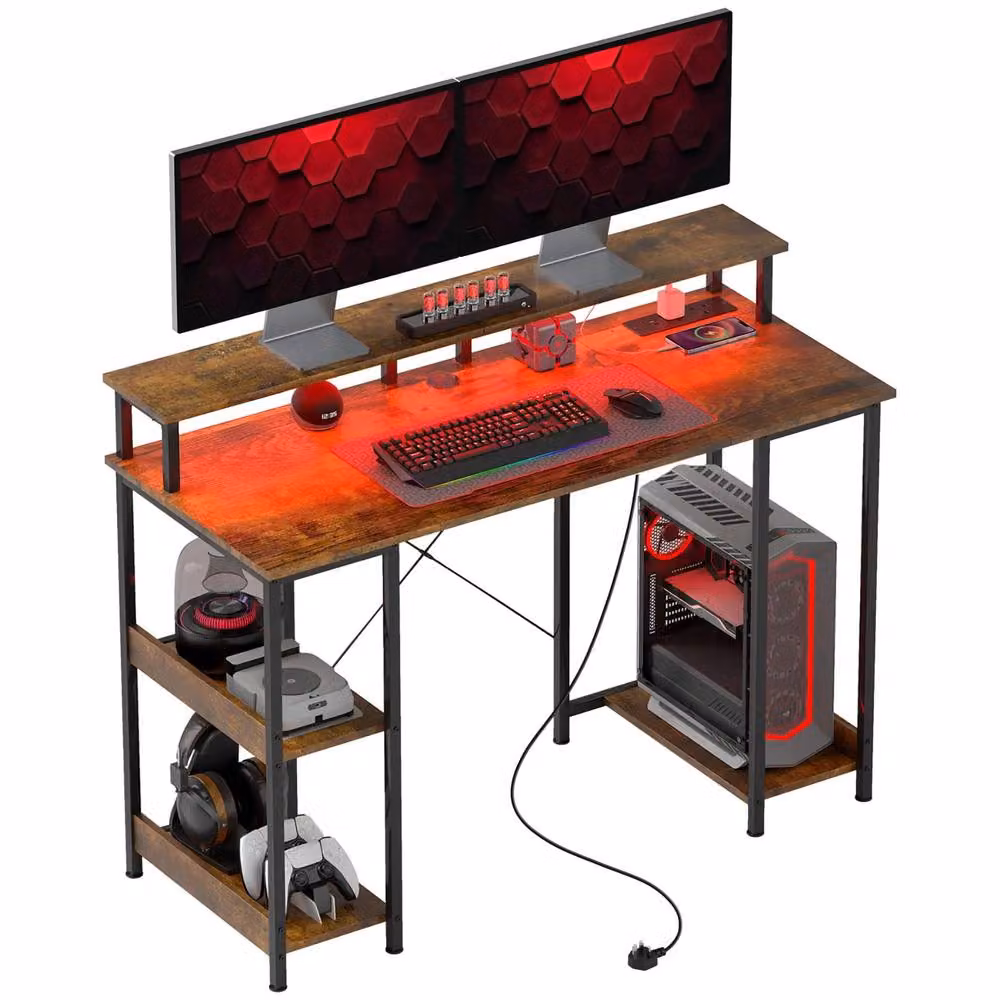 FURNOS Industrial Computer Desk with USB Outlets and LED Lights, Brown, W: 120 cm, D: 60 cm, H: 76.7 cm – 6