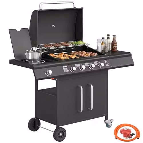 Outsunny 4+1 Burner Gas BBQ Grill with Side Burner, Warming Rack and Thermometer, Black
