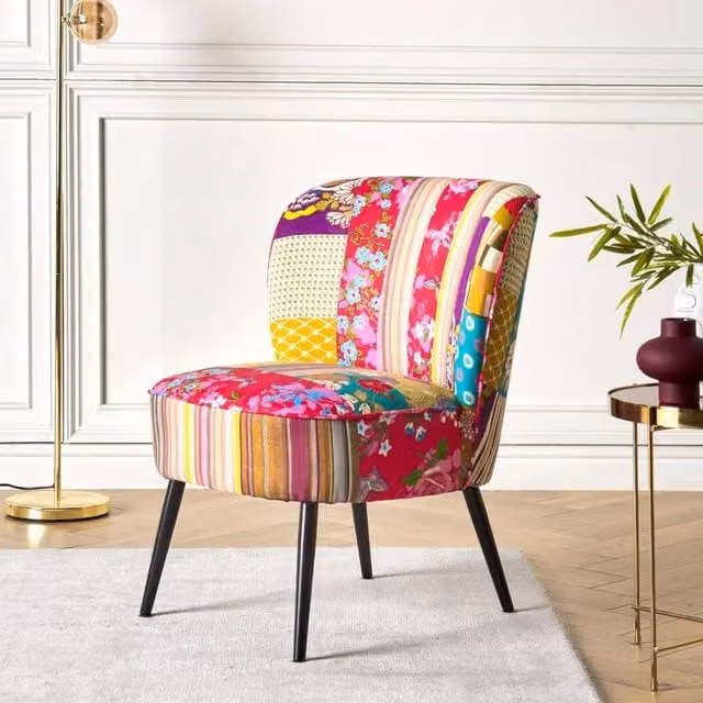 Wyld and Coco Multicolour Patchwork Armless Tub Armchair with Modern Metal Legs, W: 60 cm, D: 52 cm