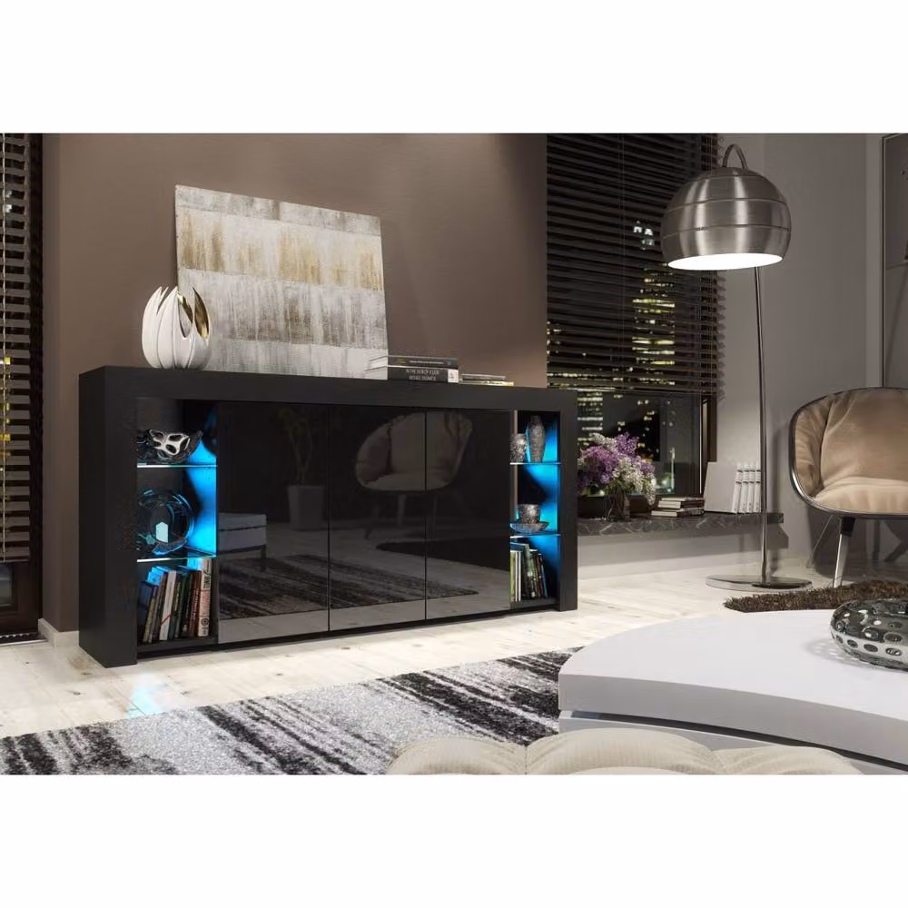 Mex Furniture LTD Eden Sideboard in Black with Glossy Doors and Integrated LED Lighting, W: 164 cm, H: 83 cm, D: 35 cm – 2