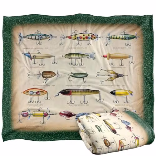 JQ Licensing Antique Flyfishing Lure Panel Super Soft Fleece Throw Blanket, White, W/D: 152 x 127 cm – 1
