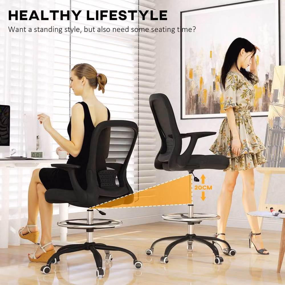 STILVORA Black Fabric Draughtsman Chair with Flip-up Armrests and Foot Ring – 6