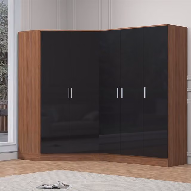Reflect 2 Piece Wardrobe Bundle with Corner and 3 Door Units in Black Gloss and Walnut Finish, H 180 cm x W 215 cm x D 103 cm – 1