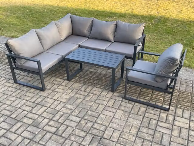 Fimous L-Shape Outdoor Garden Furniture Set in Dark Grey with 3-Seater Sofa, Coffee Table and Upholstered Cushions