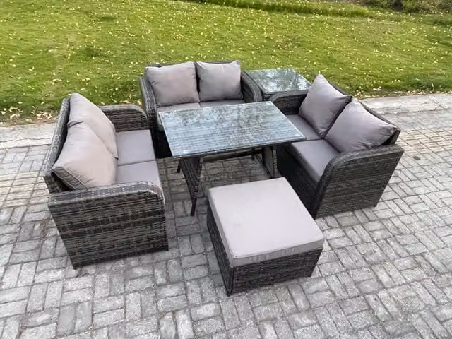Fimous 7 Seater Rattan Garden Furniture Set with Rectangular Dining Table, Love Sofa, Footstool and Side Table in Dark Grey
