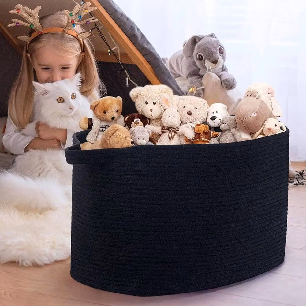 FLAVORA Black Large Cotton Fabric Storage and Laundry Basket, W: 55.0 cm, D: 38.0 cm, H: 30.0 cm – 5