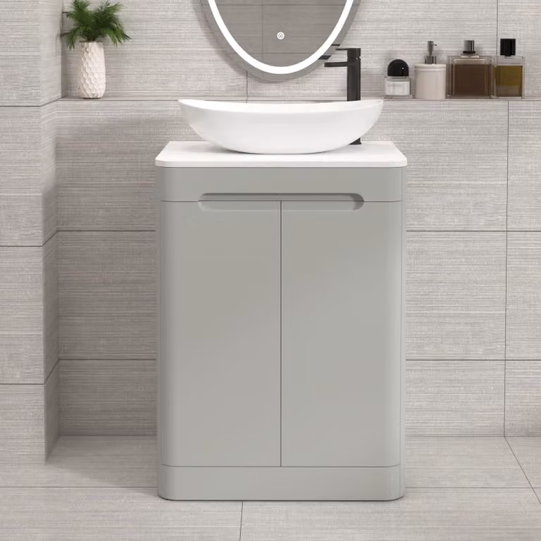 Royal Bathrooms Venice 600mm Floor Standing 2 Door Vanity Unit in Dove Grey with Plain White Worktop and Cesar Basin