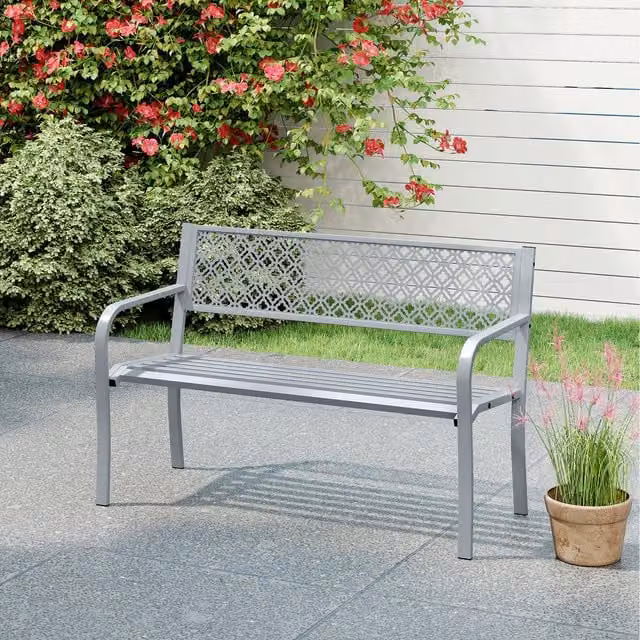 COSTWAY Modern Metal Porch Loveseat Garden Bench in Grey