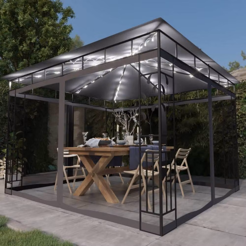 Berkfield Home Gazebo with Mosquito Net and LED String Lights, Anthracite, W/D/H: 300 x 300 x 273 cm – 2