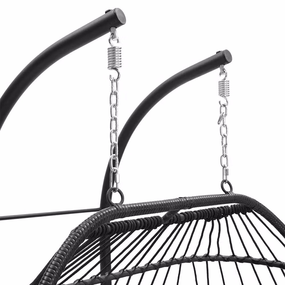 Living and Home Black Matt Rattan and Metal Freestanding 2-Seater Outdoor Hanging Egg Chair – 6