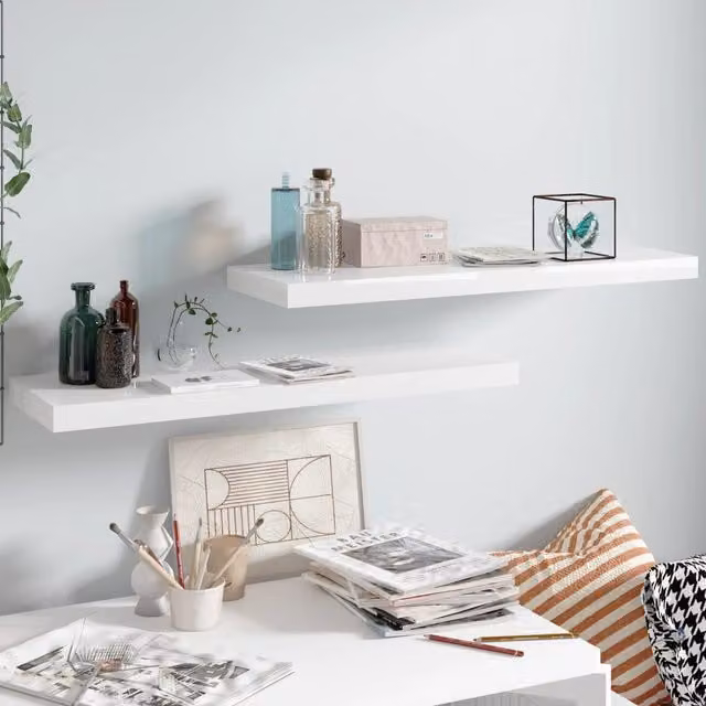 Berkfield Home Set of 2 High Gloss White Floating Wall Shelves, W: 80 cm, D: 23.5 cm, H: 3.8 cm – 1