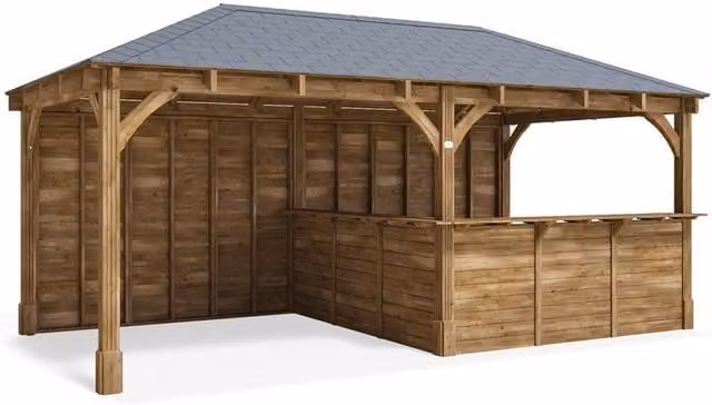 Dunster House Leviathan Garden Gazebo Bar in Brown Spruce Wood, W: 600 cm, D: 300 cm